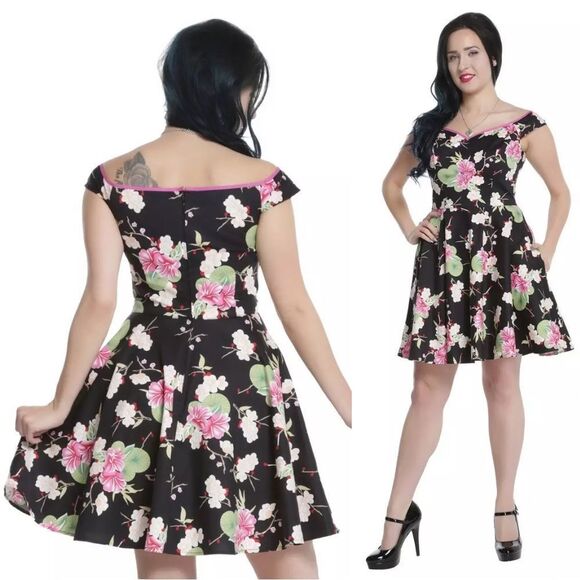 Hell Bunny Freya Japanese Cherry Blossom Floral Off The Shoulder Dress Small NEW - Picture 1 of 10